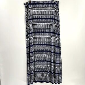 Loft Navy and White Pull On Wide Elastic Waist Tribal Print Side Slit Maxi Skirt